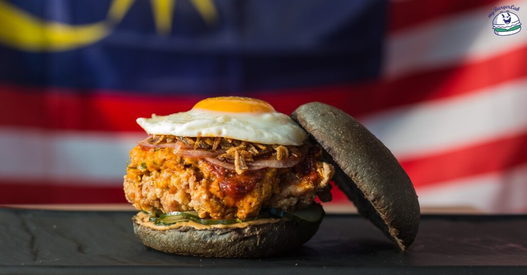 myBurgerLab (or my Burger Lab) introduced the Nasi Lemak Ayam Rendang Burger in 2017. Which combined local flavors like sambal and rendang with gourmet burger buns and patties.